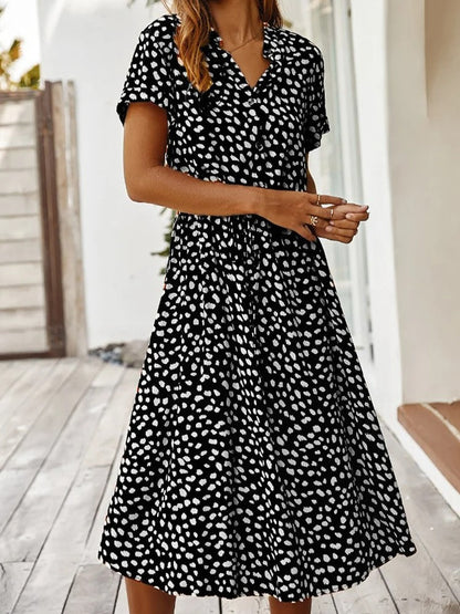 Femme Robe Midi Courte Manche à Imprimé Tacheté avec Ceinture à Nouer et Col V