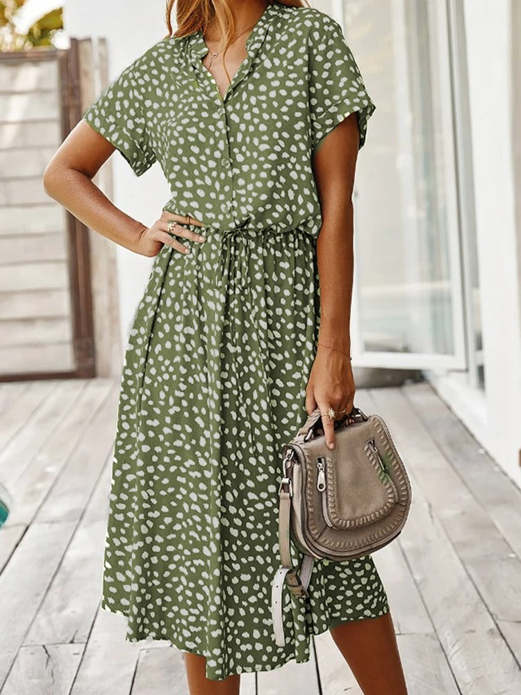 Femme Robe Midi Courte Manche à Imprimé Tacheté avec Ceinture à Nouer et Col V