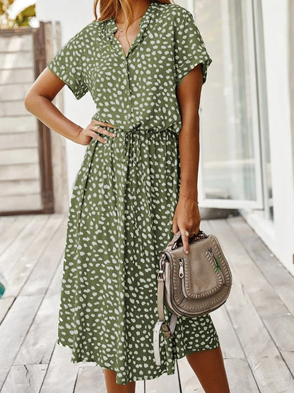 Femme Robe Midi Courte Manche à Imprimé Tacheté avec Ceinture à Nouer et Col V