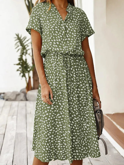Femme Robe Midi Courte Manche à Imprimé Tacheté avec Ceinture à Nouer et Col V