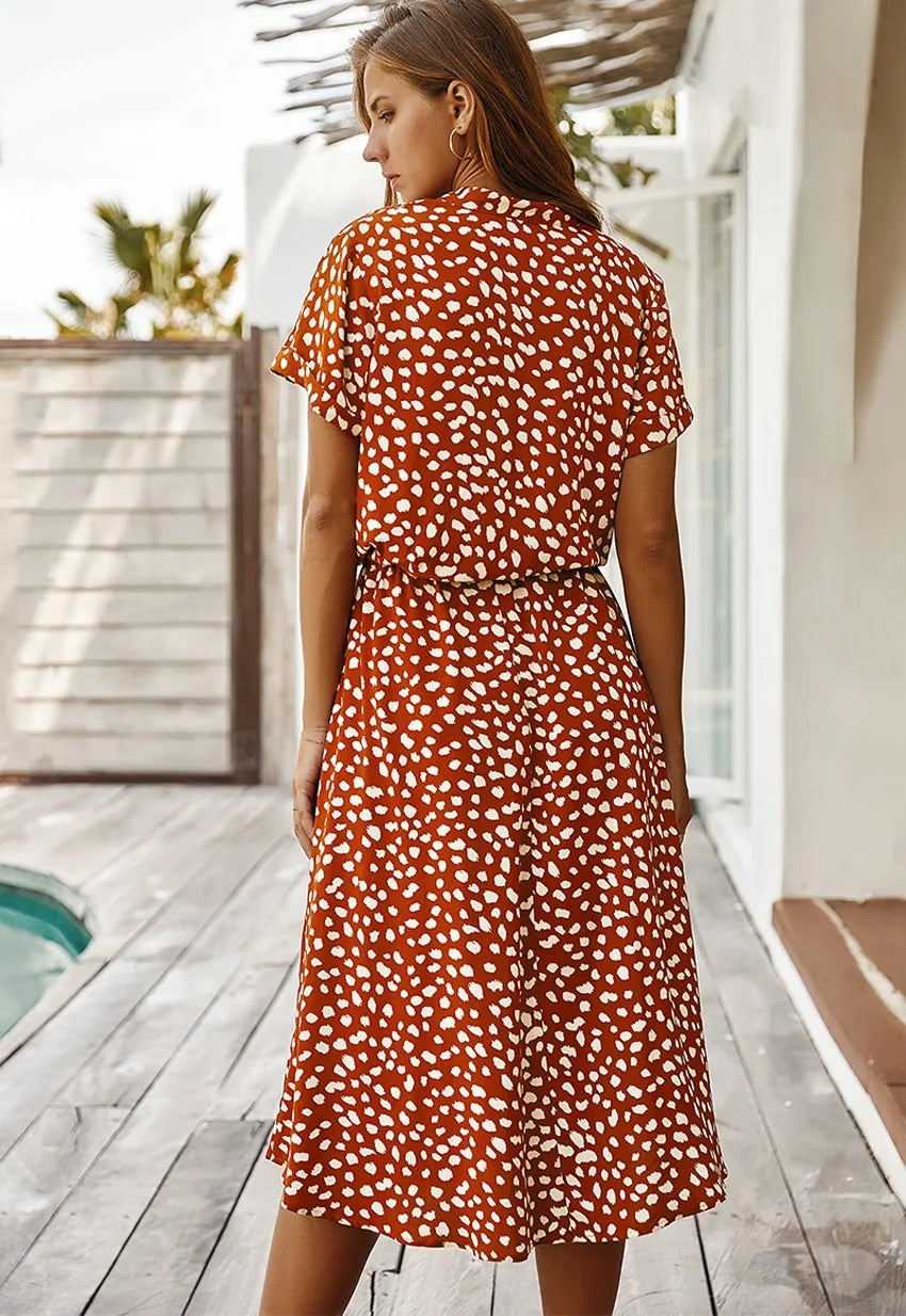 Femme Robe Midi Courte Manche à Imprimé Tacheté avec Ceinture à Nouer et Col V