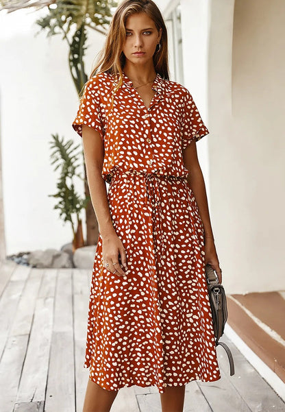 Femme Robe Midi Courte Manche à Imprimé Tacheté avec Ceinture à Nouer et Col V