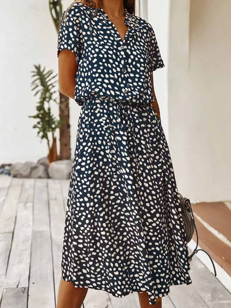 Femme Robe Midi Courte Manche à Imprimé Tacheté avec Ceinture à Nouer et Col V