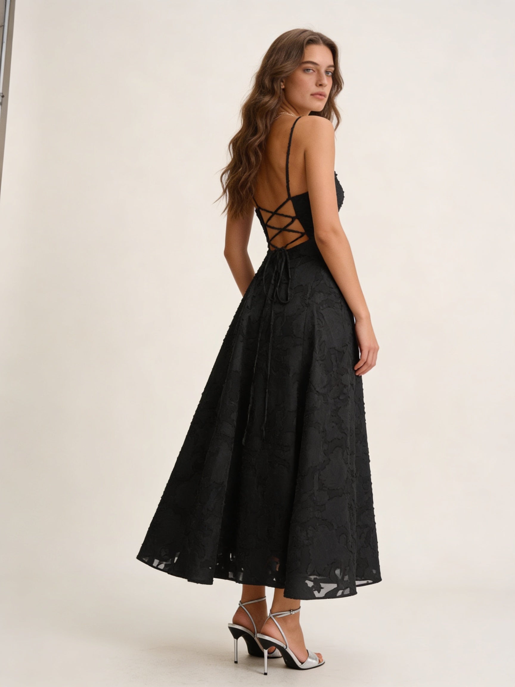 Femme Robe Midi de Soirée avec Dos Lacé et Jupe A-ligne 4