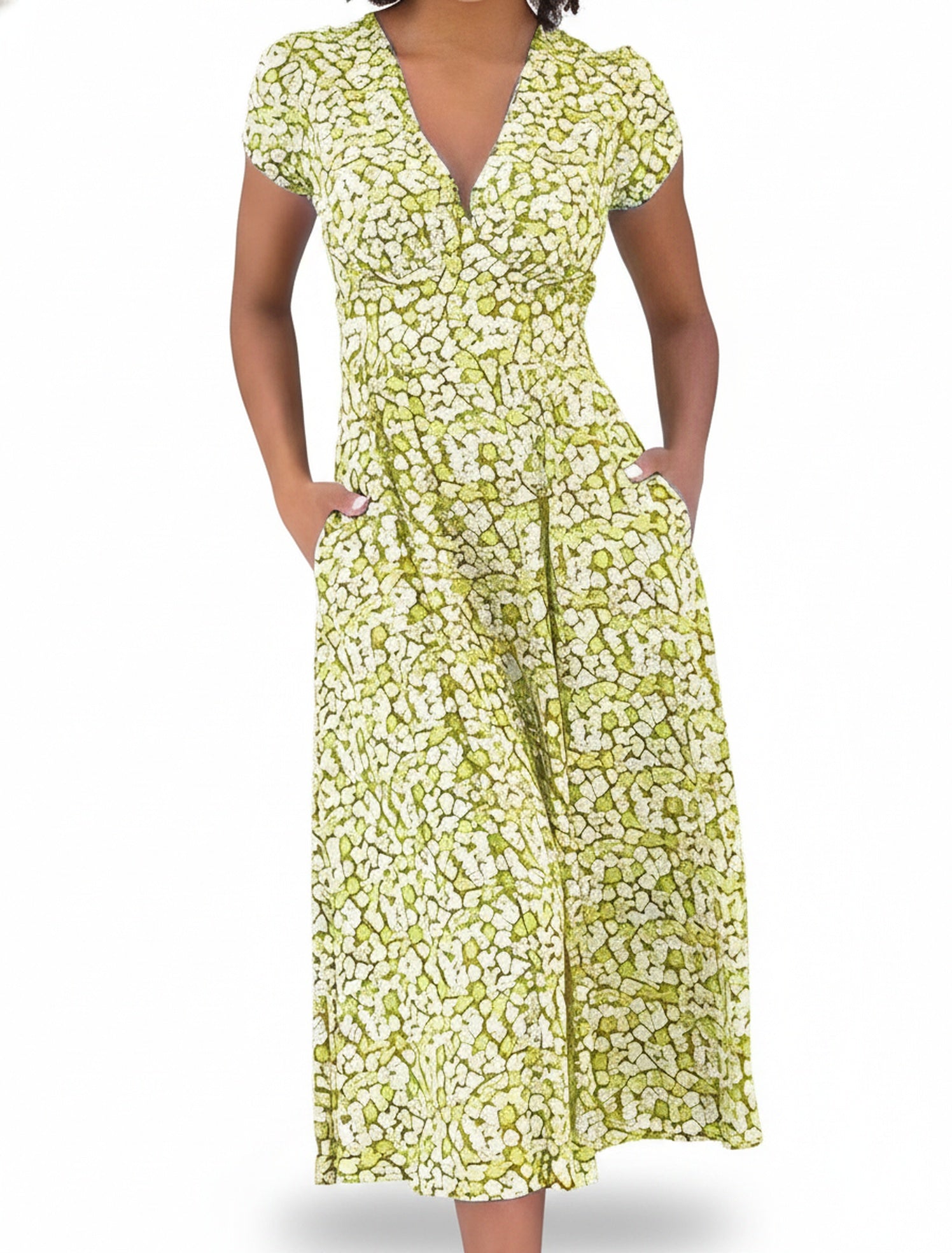 Femme Robe Midi Décontractée à Col en V et Manches Courtes avec Imprimé
