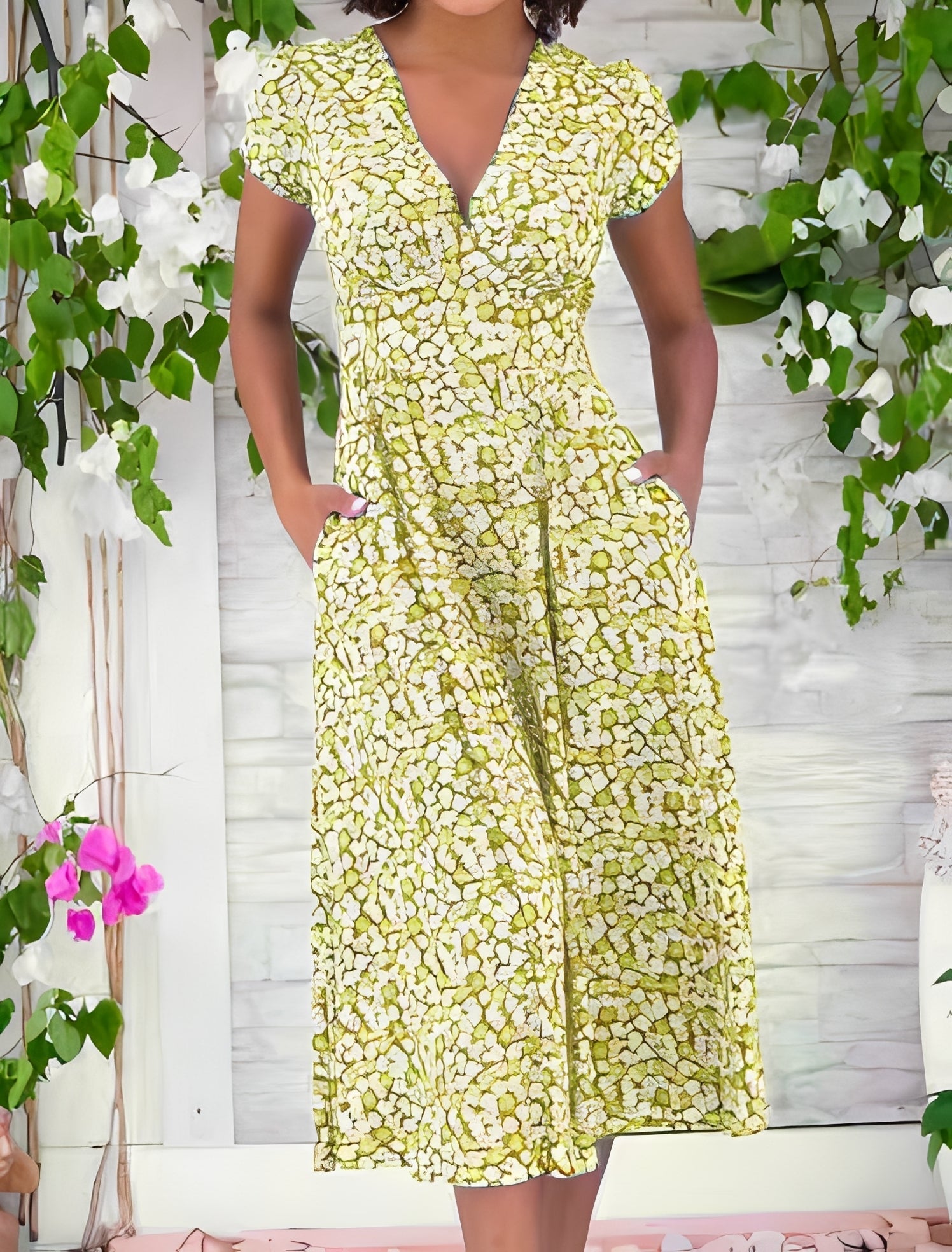 Femme Robe Midi Décontractée à Col en V et Manches Courtes avec Imprimé