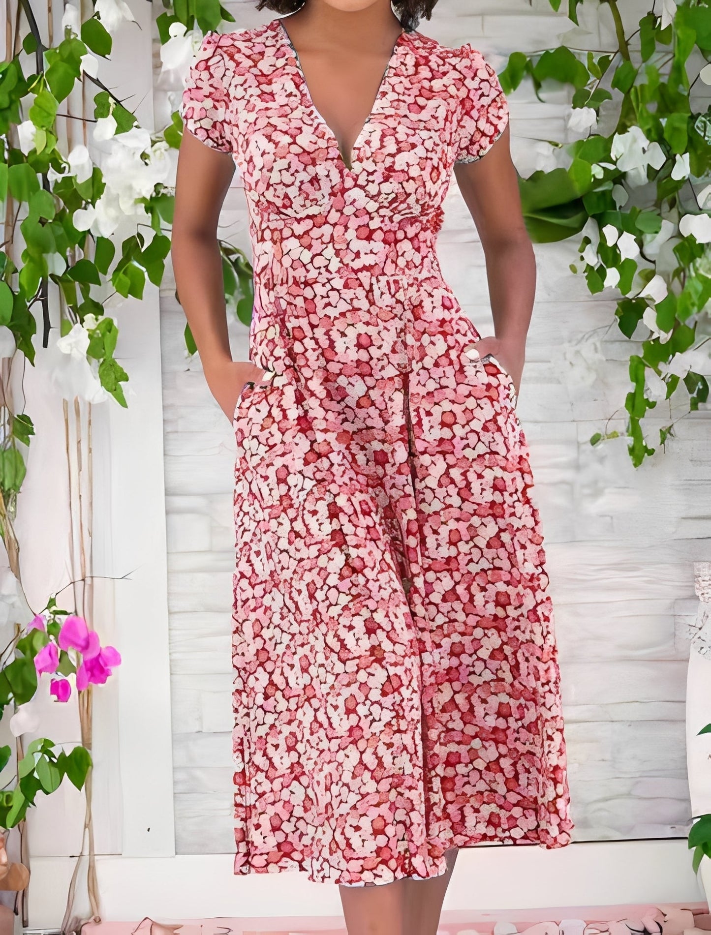 Femme Robe Midi Décontractée à Col en V et Manches Courtes avec Imprimé