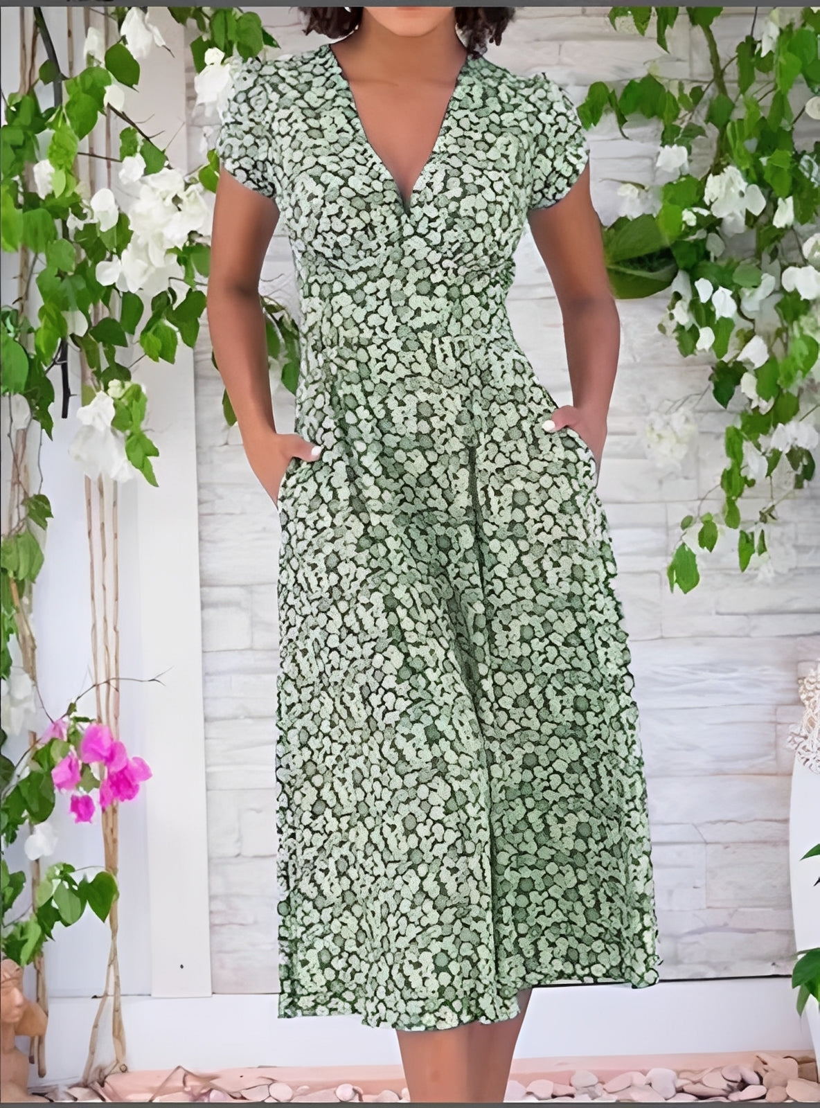 Femme Robe Midi Décontractée à Col en V et Manches Courtes avec Imprimé