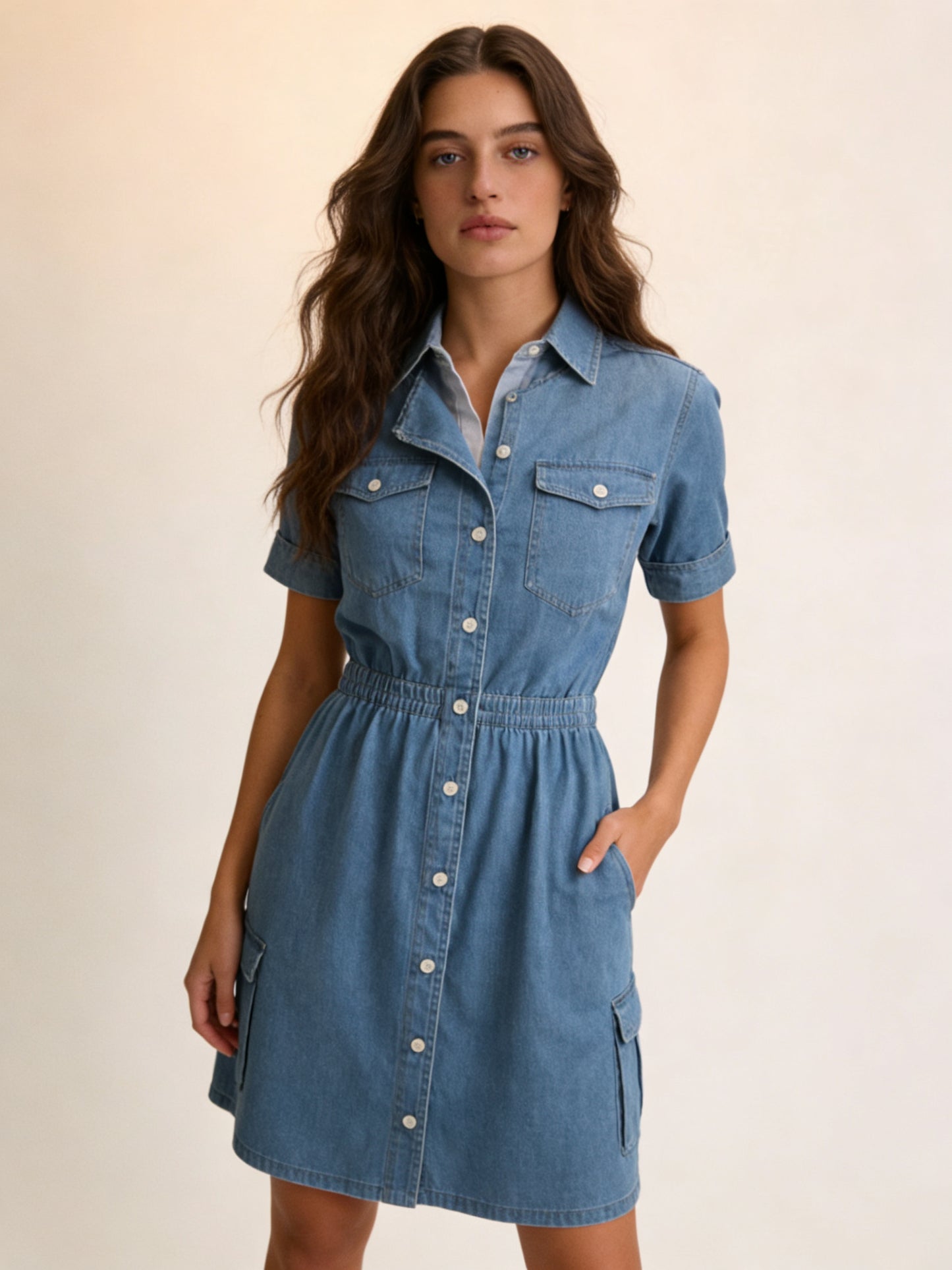 Femme Robe Midi en Denim Manches Courtes avec Fermeture Boutonnée et Taille Élastique 2