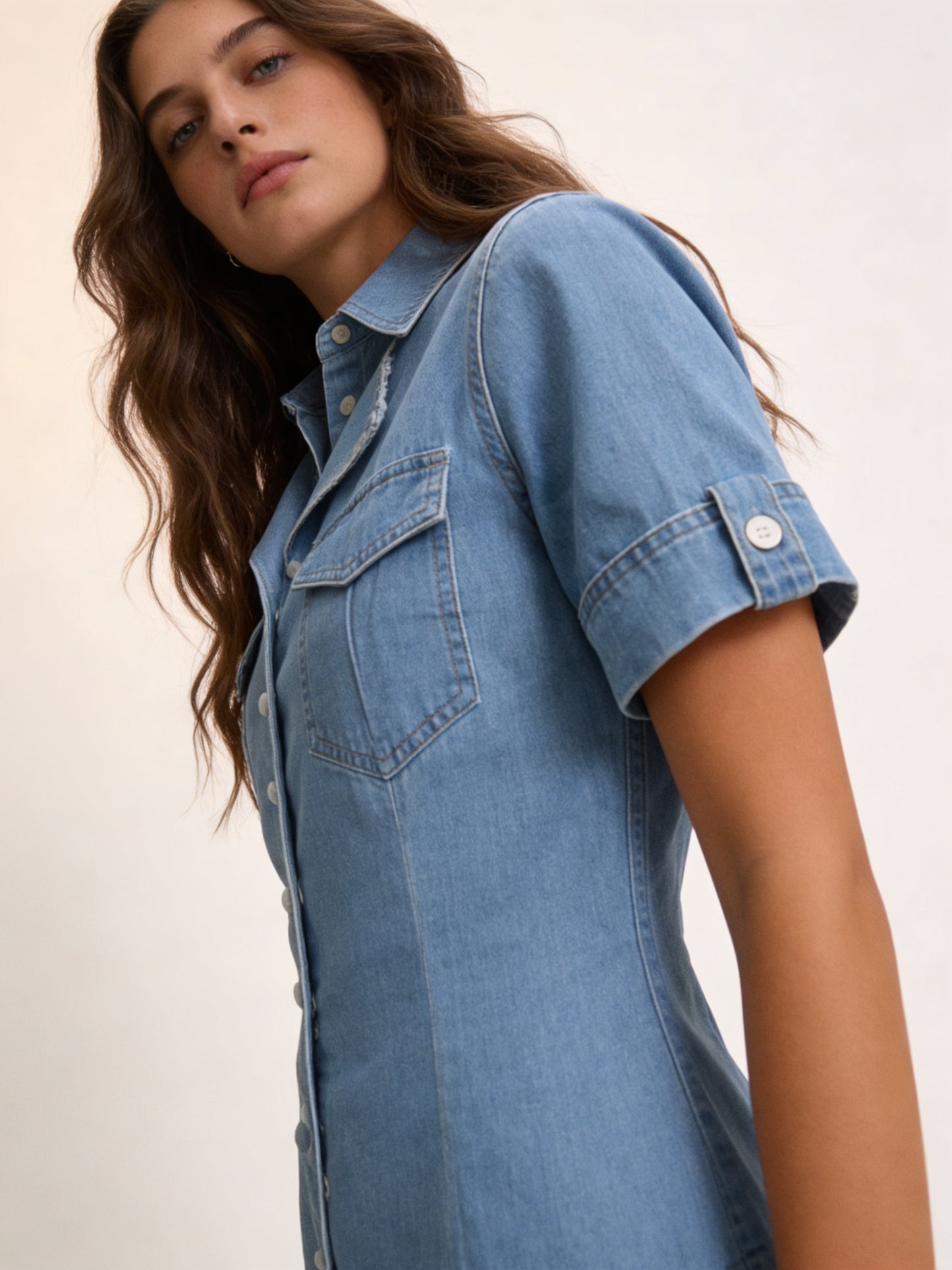 Femme Robe Midi en Denim Manches Courtes avec Fermeture Boutonnée et Taille Élastique 3
