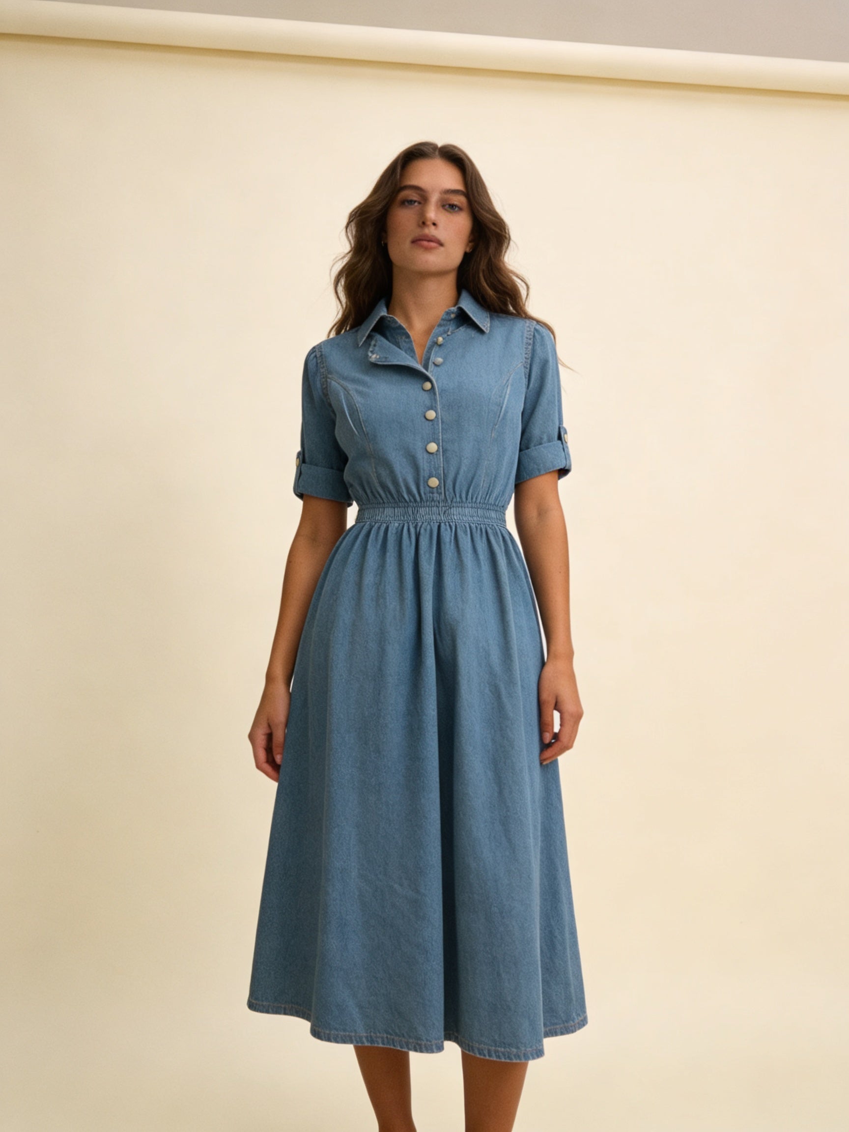Femme Robe Midi en Denim Manches Courtes avec Fermeture Boutonnée et Taille Élastique 4