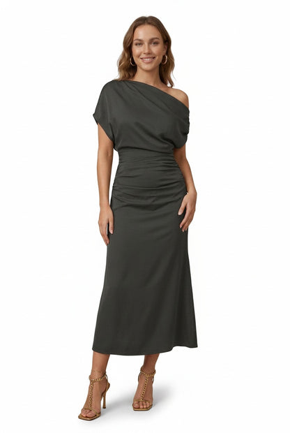Women’s Midi Dress with Off-Shoulder, Asymmetrical Sleeve and Gathered Waist - 1