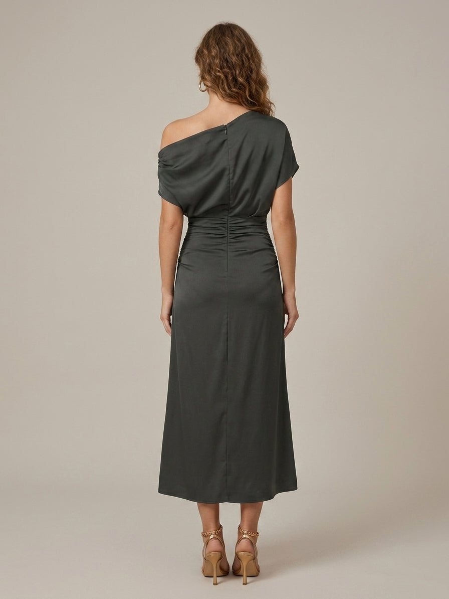 Women’s Midi Dress with Off-Shoulder, Asymmetrical Sleeve and Gathered Waist - 3