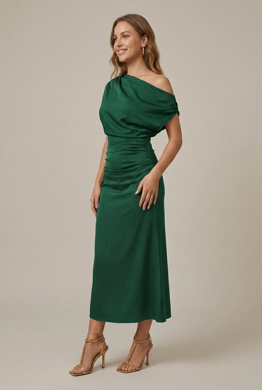 Women’s Midi Dress with Off-Shoulder, Asymmetrical Sleeve and Gathered Waist - 5