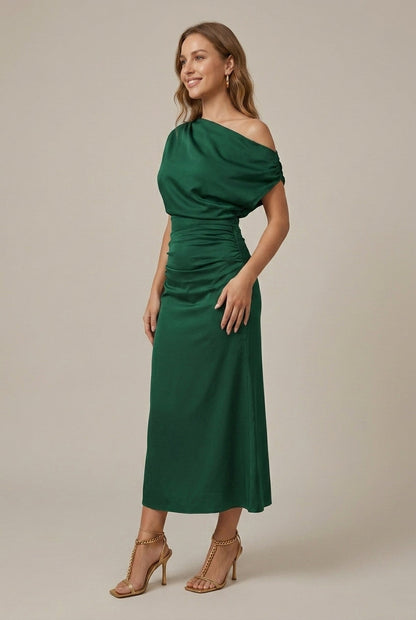 Women’s Midi Dress with Off-Shoulder, Asymmetrical Sleeve and Gathered Waist - 5