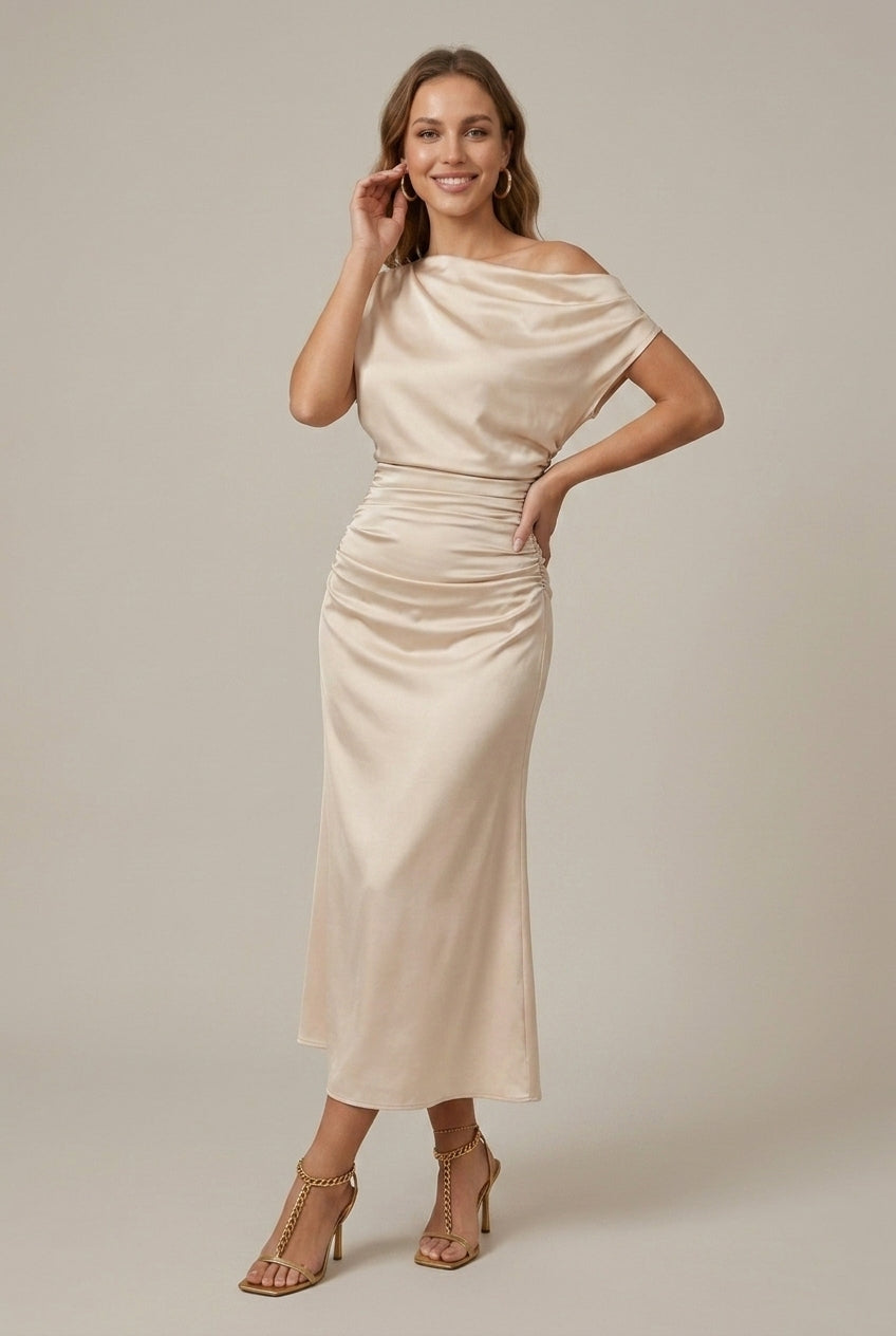 Women’s Midi Dress with Off-Shoulder, Asymmetrical Sleeve and Gathered Waist - 6