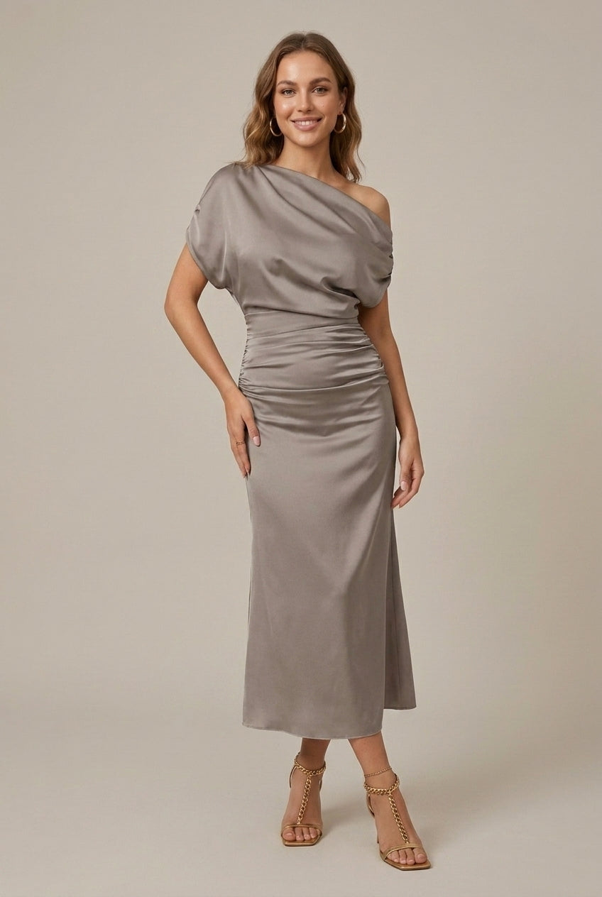 Women’s Midi Dress with Off-Shoulder, Asymmetrical Sleeve and Gathered Waist - 7