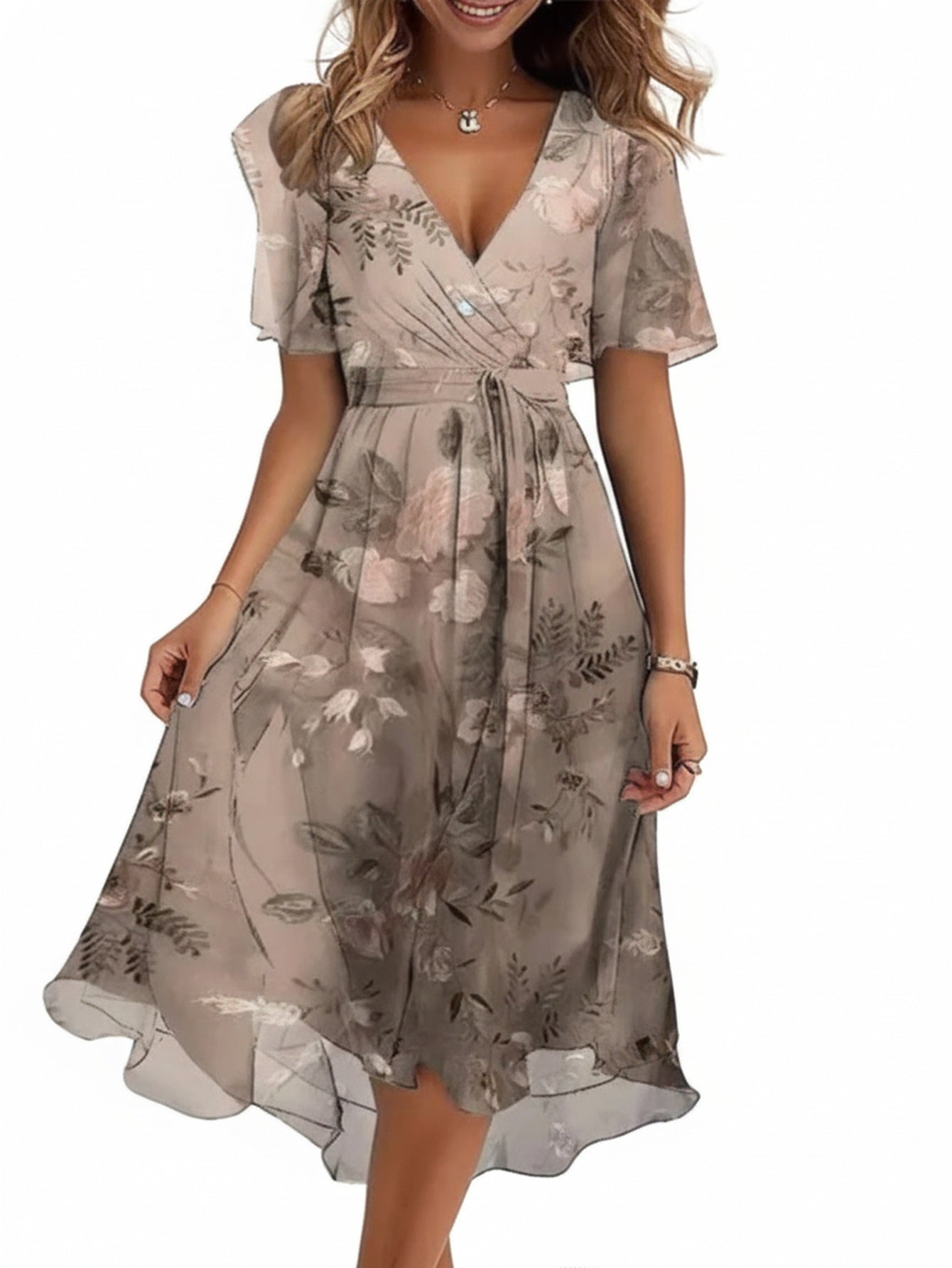 Femme Robe Midi Florale à Col en V avec Ceinture et Manches Volantées