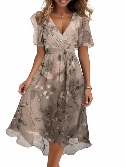 Femme Robe Midi Florale à Col en V avec Ceinture et Manches Volantées