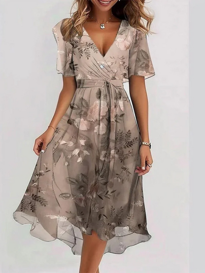 Femme Robe Midi Florale à Col en V avec Ceinture et Manches Volantées