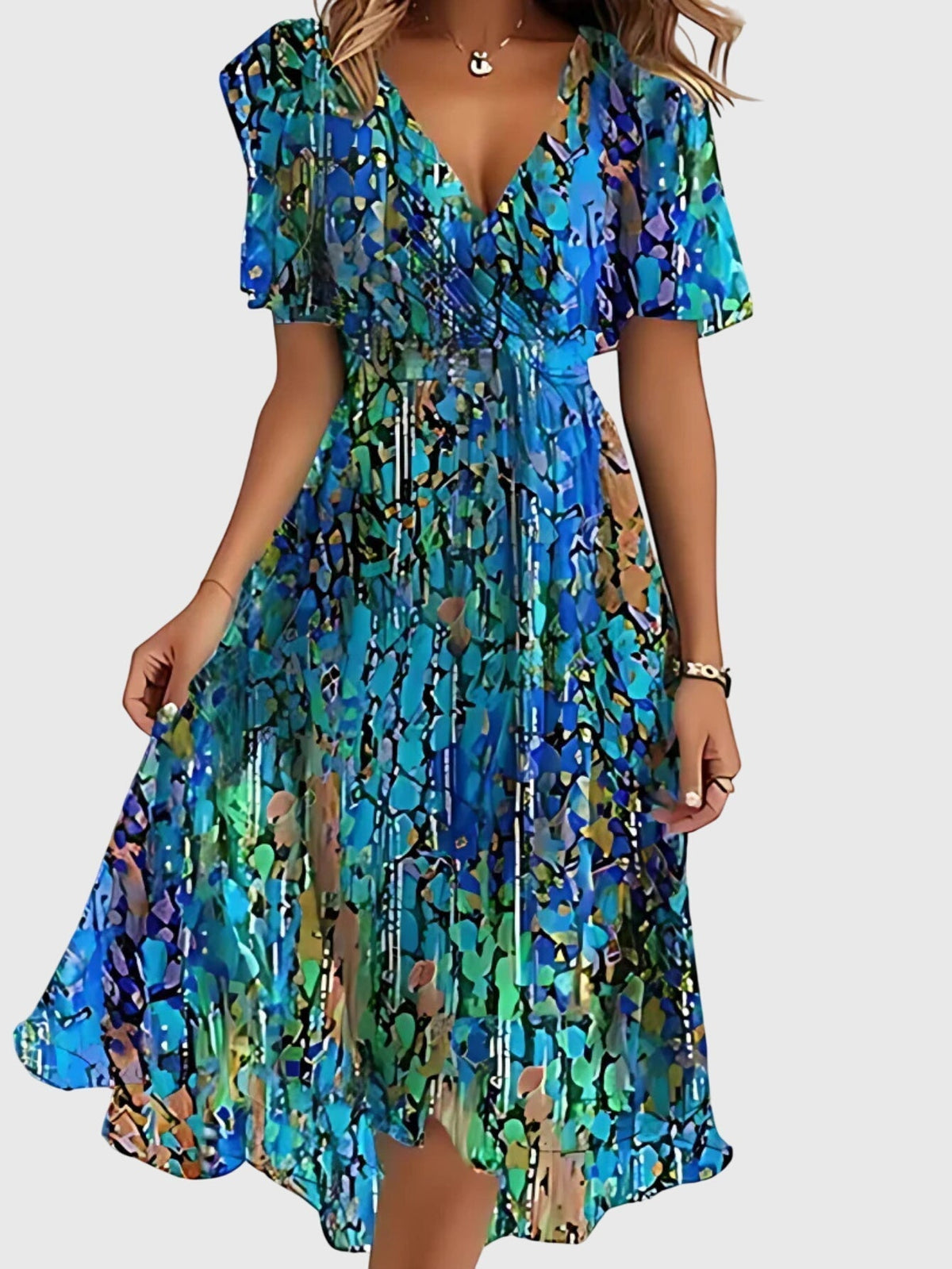 Femme Robe Midi Florale à Col en V avec Ceinture et Manches Volantées