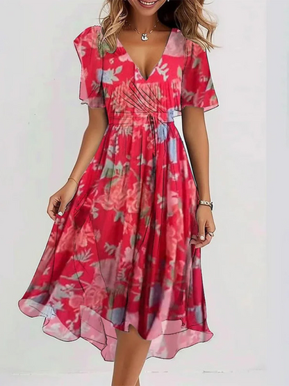 Femme Robe Midi Florale à Col en V avec Ceinture et Manches Volantées