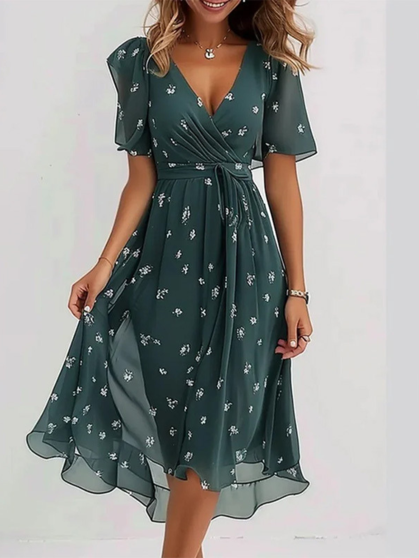 Femme Robe Midi Florale à Col en V avec Ceinture et Manches Volantées