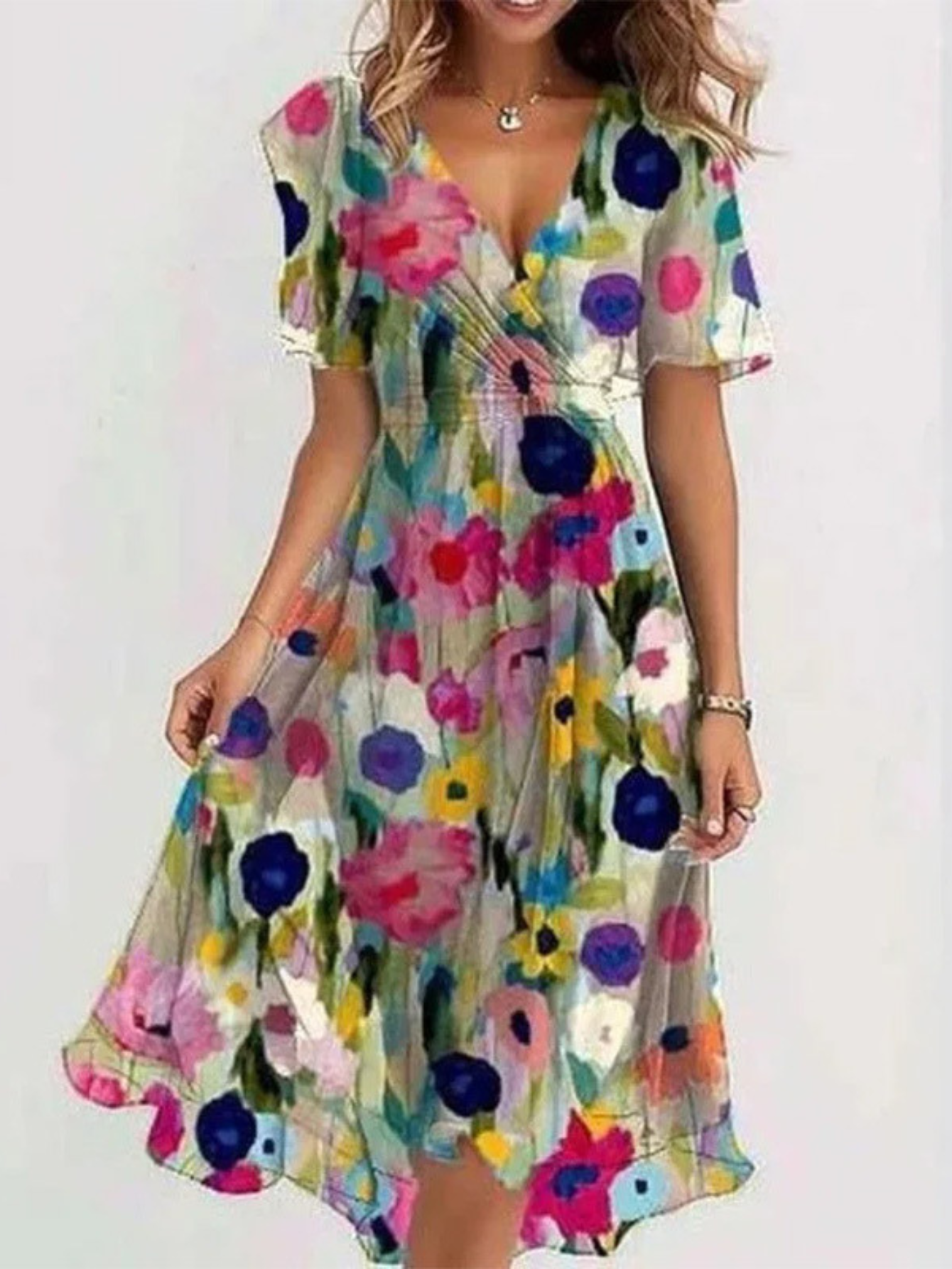 Femme Robe Midi Florale à Col en V avec Ceinture et Manches Volantées