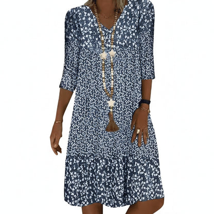 Femme Robe Midi Florale avec Col en V et Manches Trois-Quarts