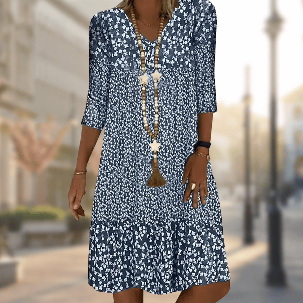 Femme Robe Midi Florale avec Col en V et Manches Trois-Quarts