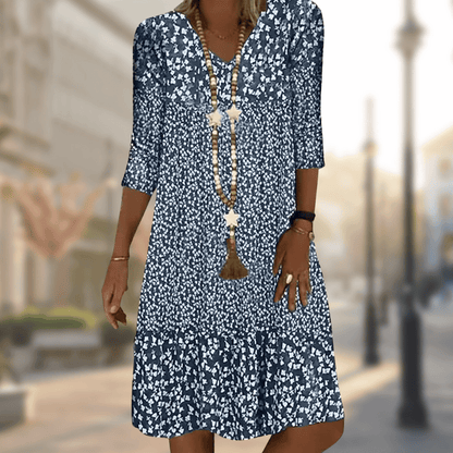 Femme Robe Midi Florale avec Col en V et Manches Trois-Quarts