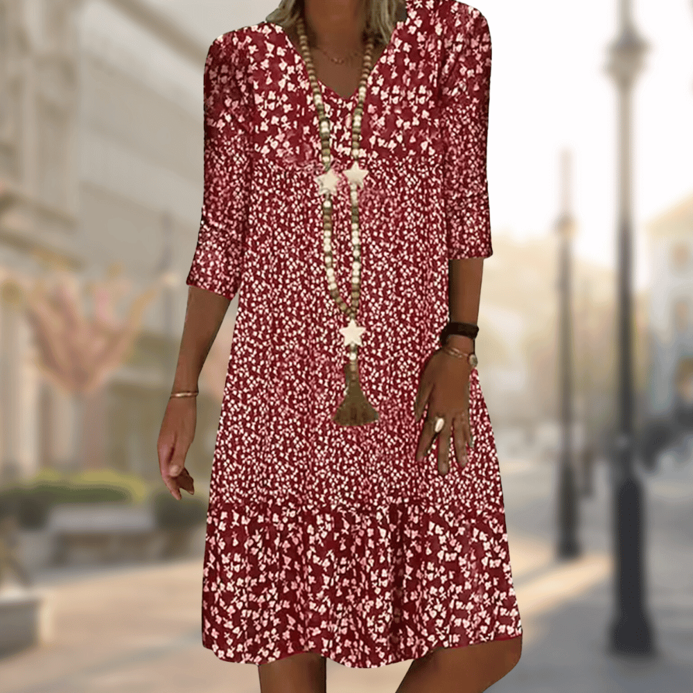 Femme Robe Midi Florale avec Col en V et Manches Trois-Quarts