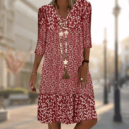 Femme Robe Midi Florale avec Col en V et Manches Trois-Quarts