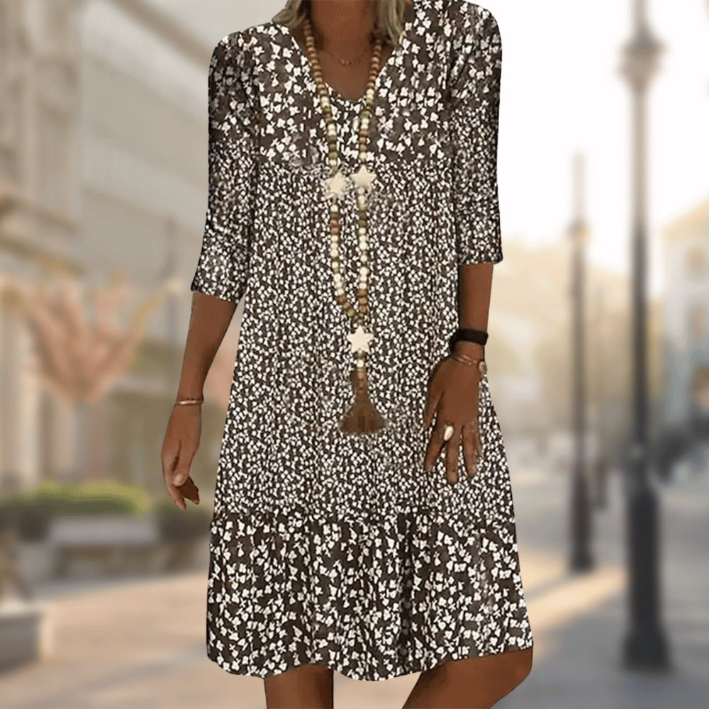 Femme Robe Midi Florale avec Col en V et Manches Trois-Quarts