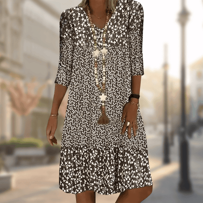Femme Robe Midi Florale avec Col en V et Manches Trois-Quarts