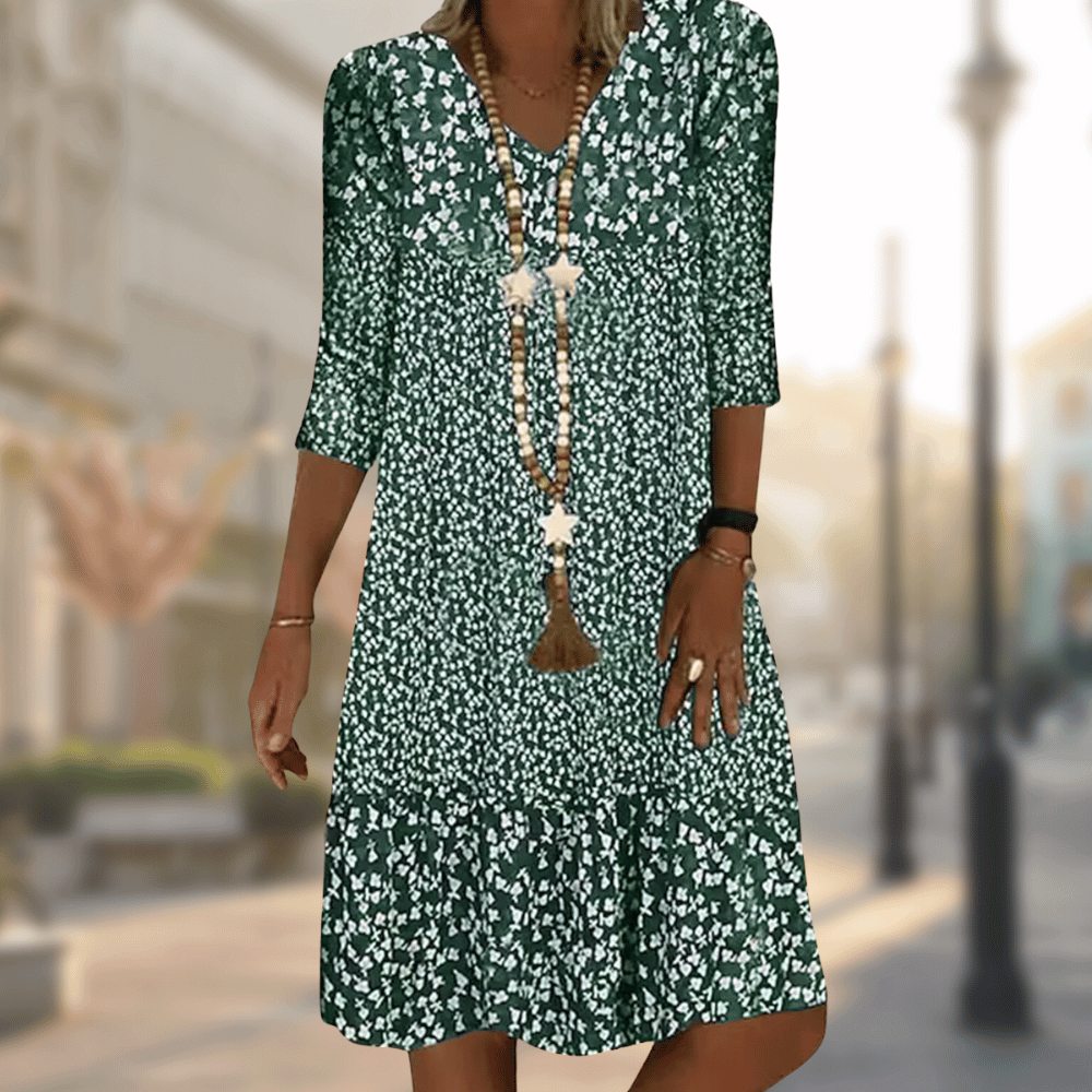 Femme Robe Midi Florale avec Col en V et Manches Trois-Quarts