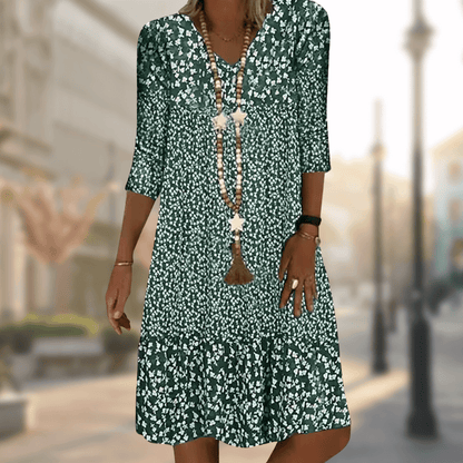 Femme Robe Midi Florale avec Col en V et Manches Trois-Quarts