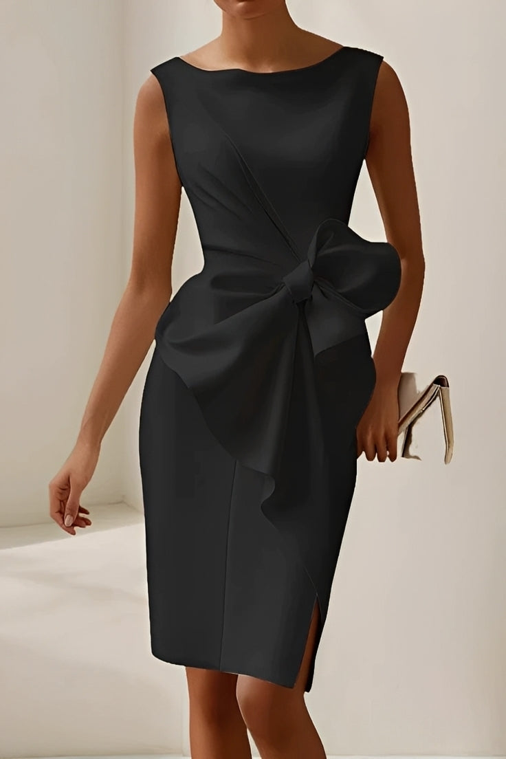 Femme Robe Midi Fourreau Sans Manches avec Nœud et Fente