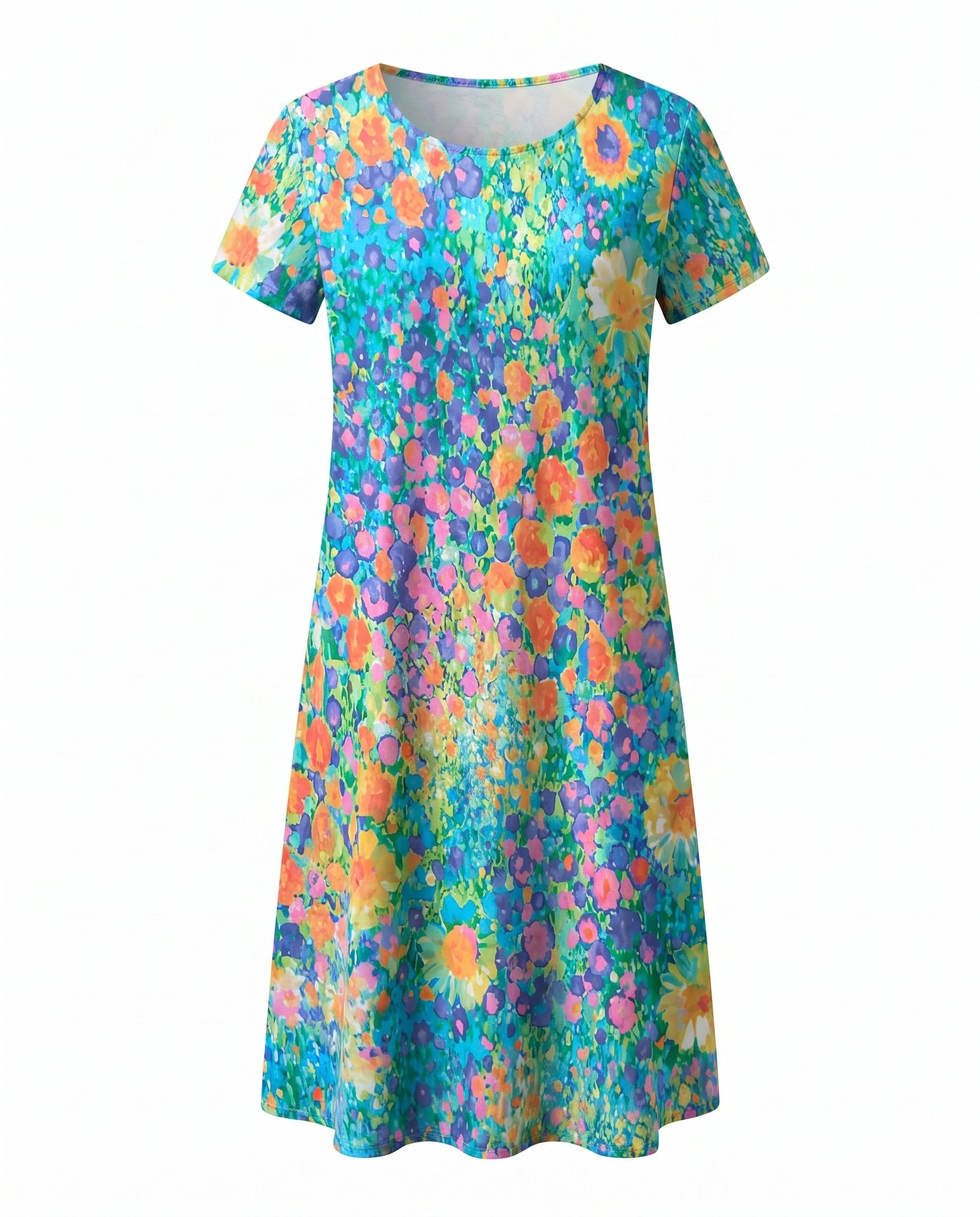 Femme Robe Midi Manches Courtes à Pois et Col Rond avec Coupe A-line