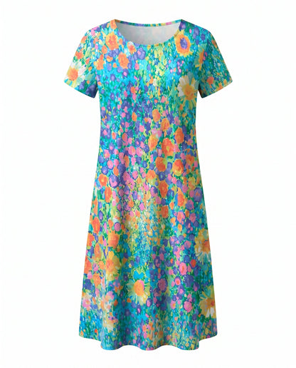 Women's Short Sleeve Midi Dress with Polka Dots and Round Neck, A-Line Cut - 10