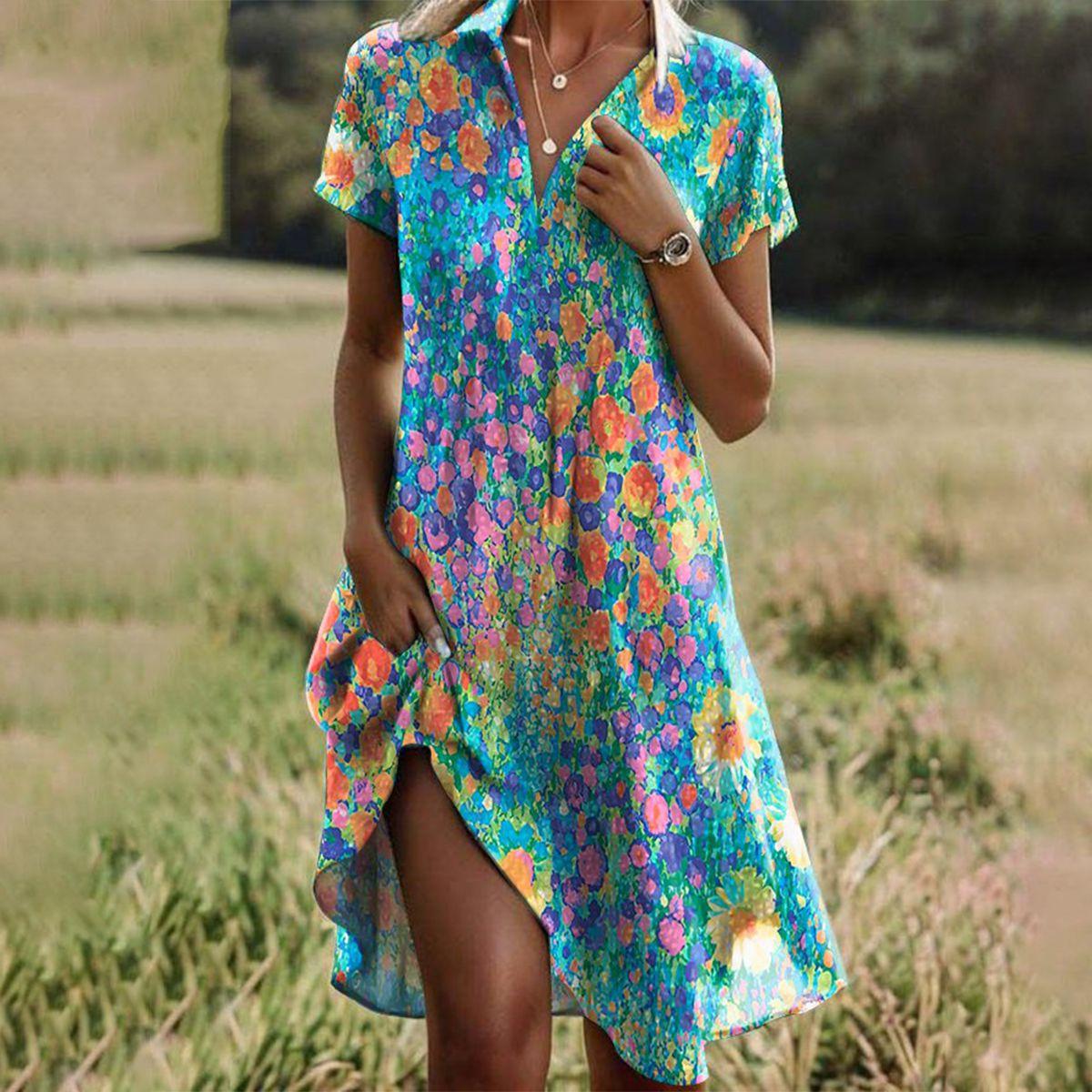 Femme Robe Midi Manches Courtes à Pois et Col Rond avec Coupe A-line
