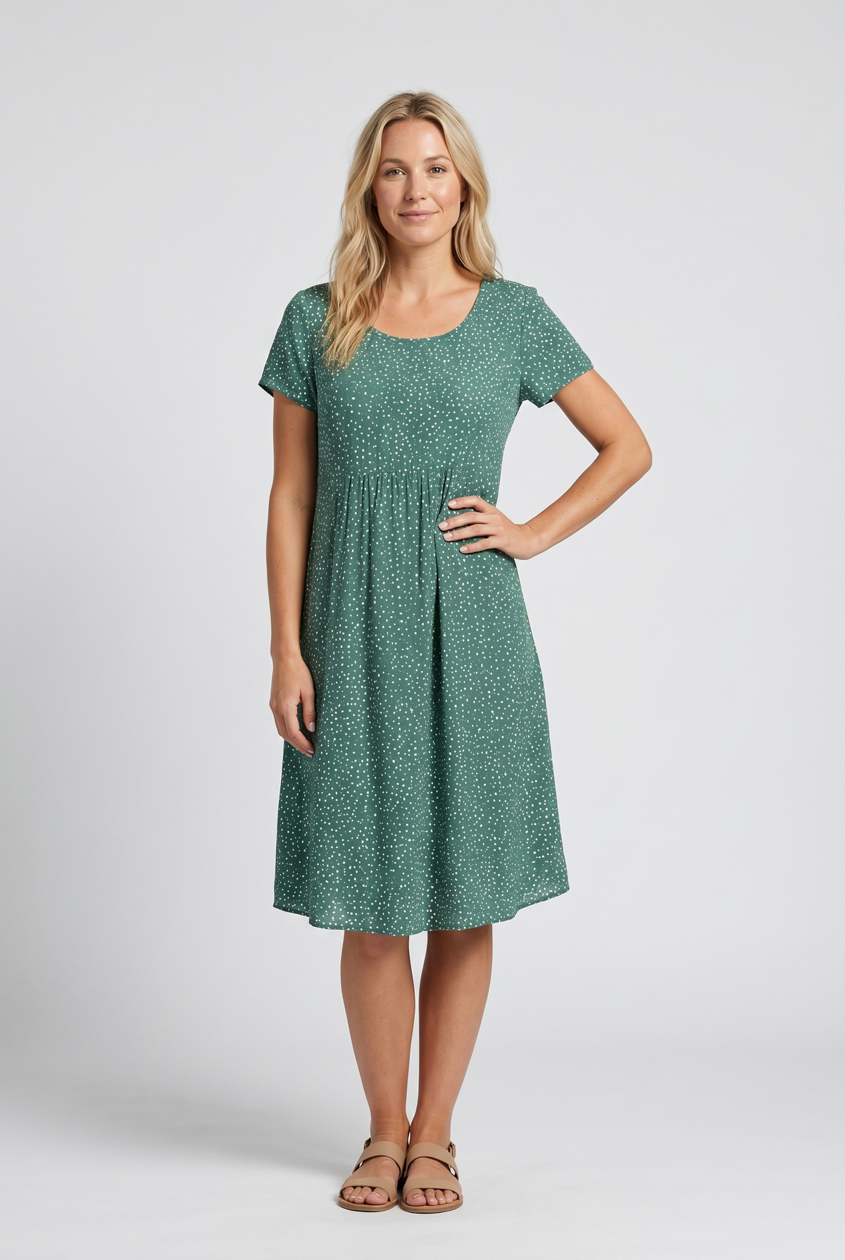 Women's Short Sleeve Midi Dress with Polka Dots and Round Neck, A-Line Cut - 3