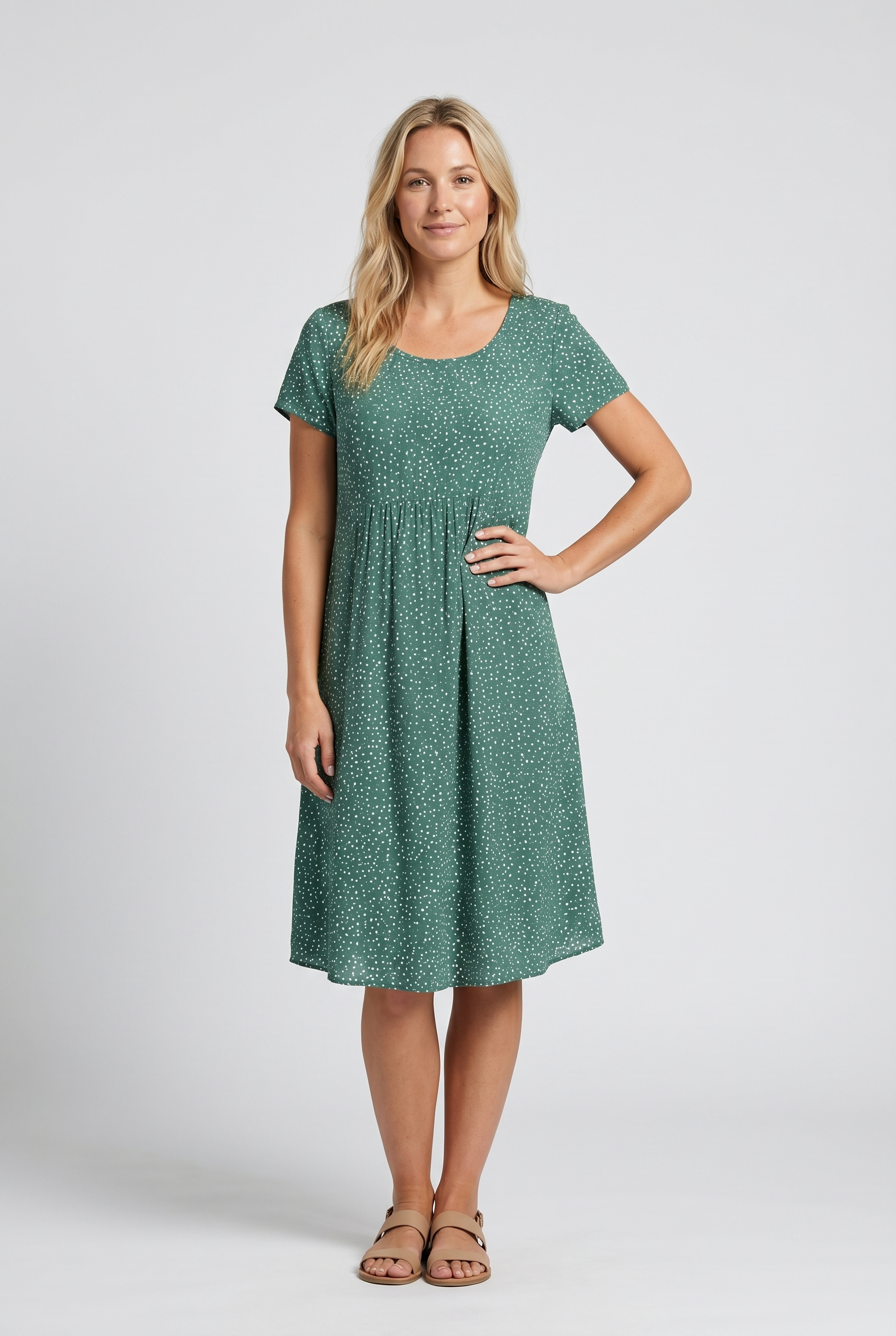 Femme Robe Midi Manches Courtes à Pois et Col Rond avec Coupe A-line