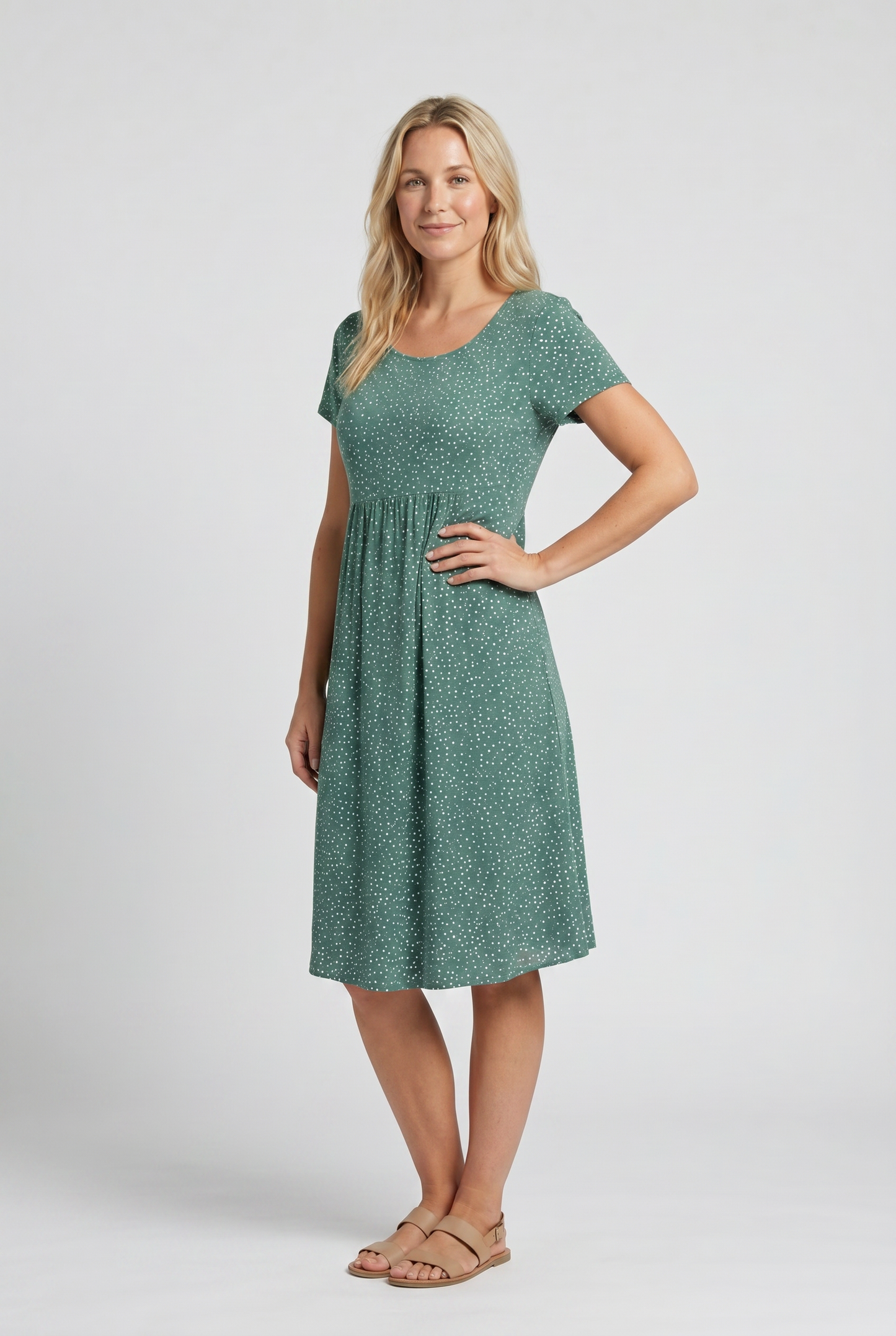 Femme Robe Midi Manches Courtes à Pois et Col Rond avec Coupe A-line