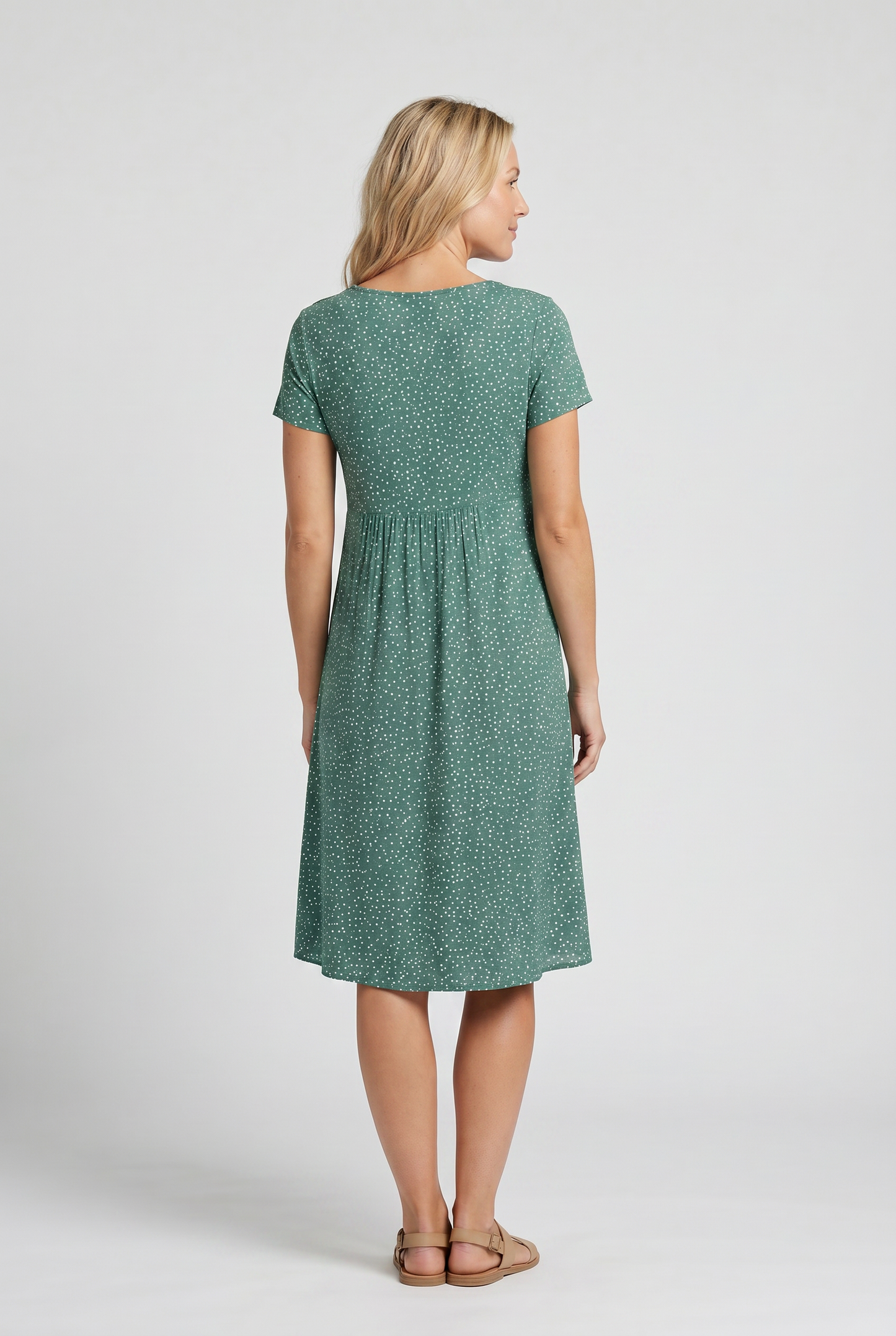 Femme Robe Midi Manches Courtes à Pois et Col Rond avec Coupe A-line
