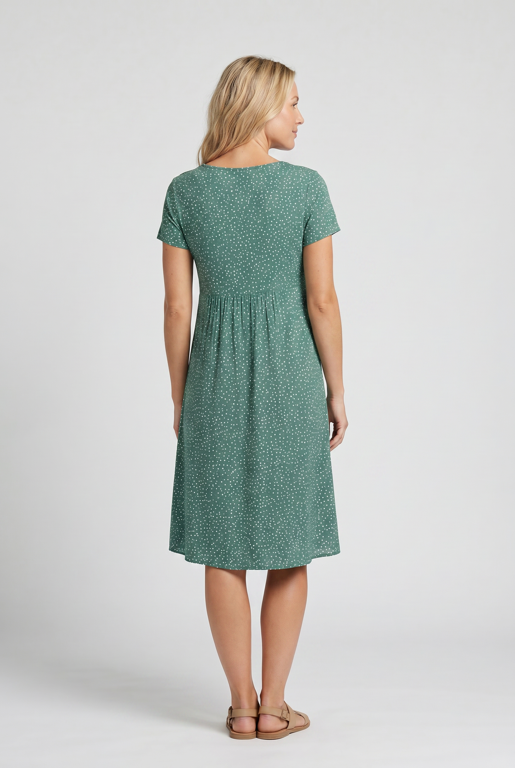 Femme Robe Midi Manches Courtes à Pois et Col Rond avec Coupe A-line