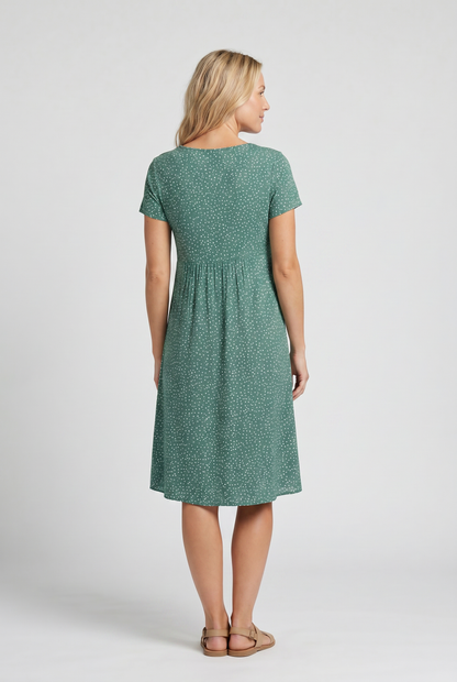 Women's Short Sleeve Midi Dress with Polka Dots and Round Neck, A-Line Cut - 5