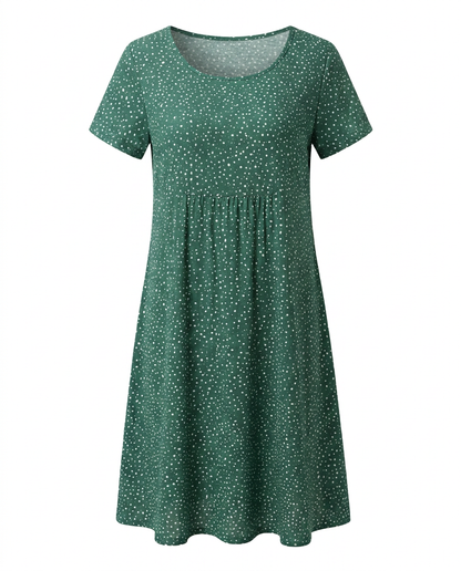 Women's Short Sleeve Midi Dress with Polka Dots and Round Neck, A-Line Cut - 7