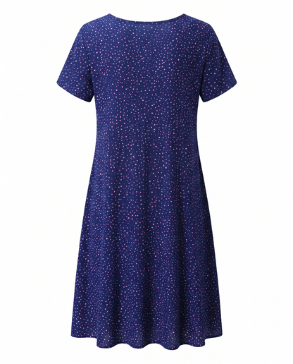 Women's Short Sleeve Midi Dress with Polka Dots and Round Neck, A-Line Cut - 8
