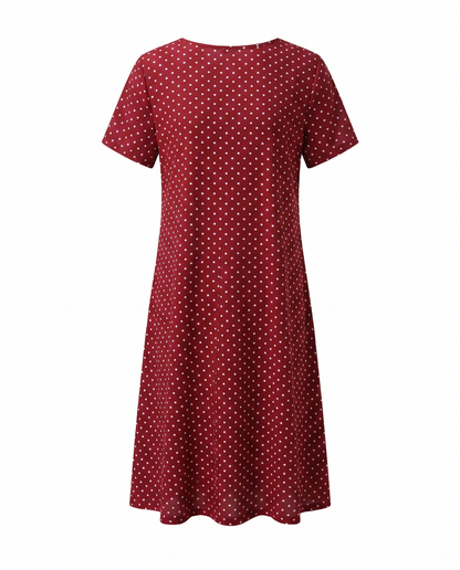 Women's Short Sleeve Midi Dress with Polka Dots and Round Neck, A-Line Cut - 9